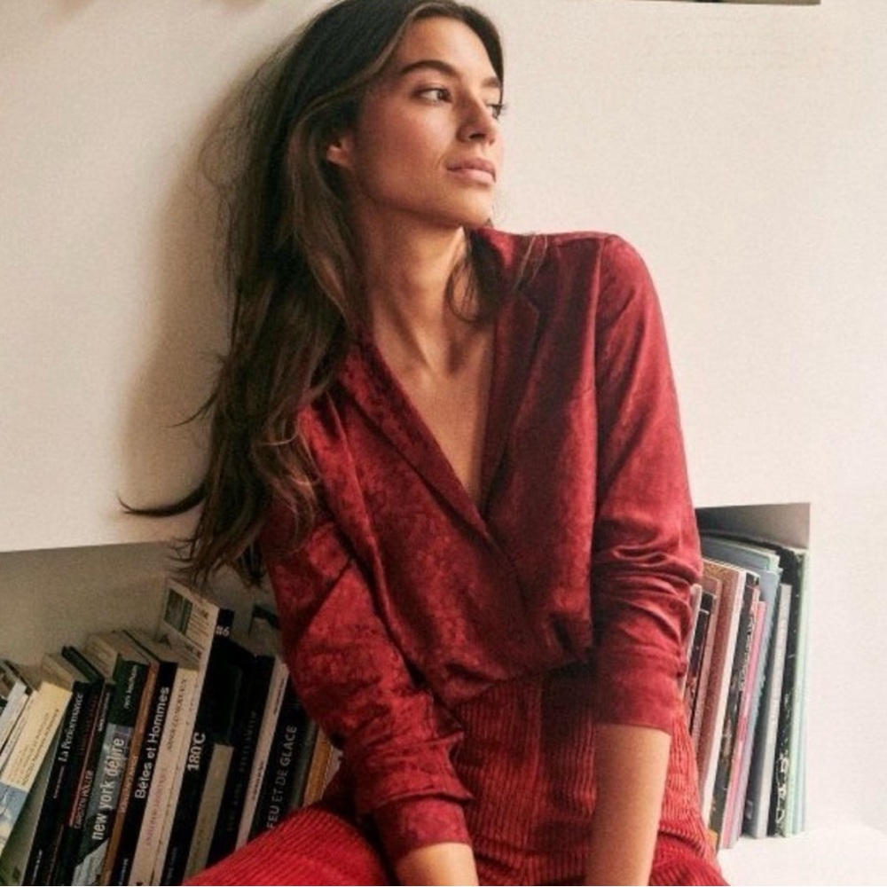 Sezane Florence burgundy silk button down blouse Size 38